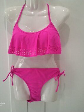 Pink California Waves Laser Cut 2-Pc. Flounce Halter & Side Tie Bikini Set NWT L